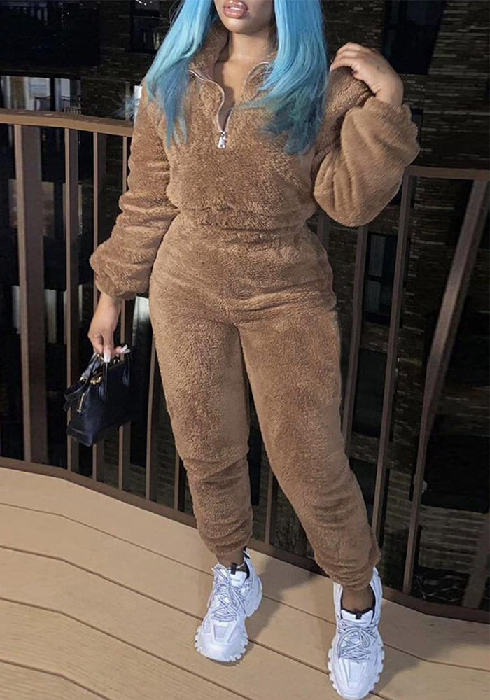 Women Solid Long Sleeve Top and Long Pants Casual Two-Piece Set