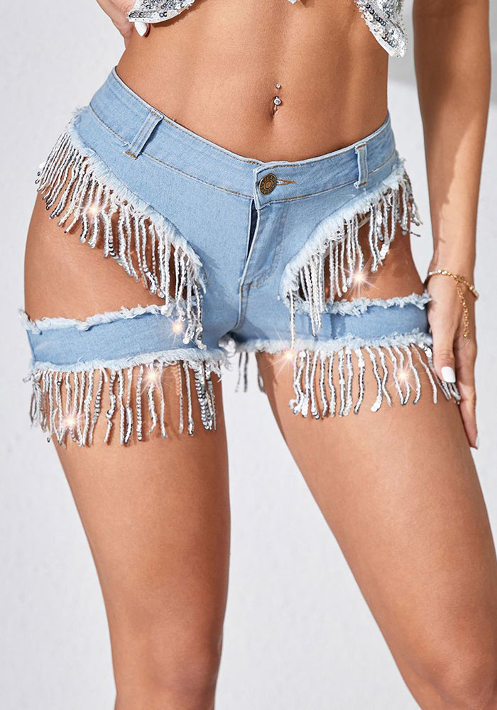 Women Tassel Sequin Hollow Sexy Ripped Denim Shorts