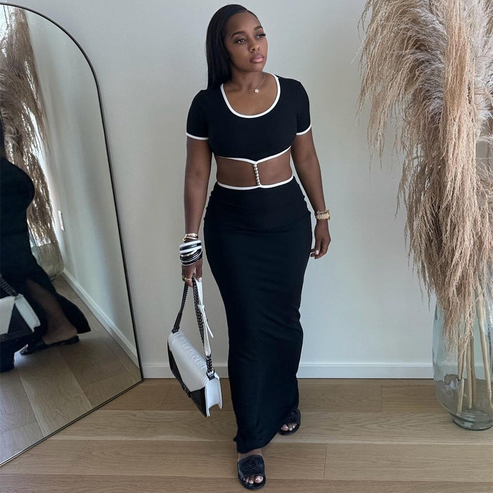 Women Summer Contrast Color Cut Out Round Neck Dress 3