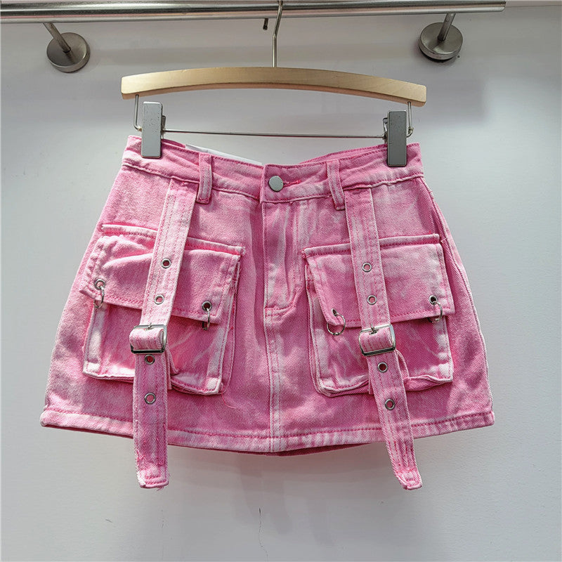 Women Retro Pink Pocket Sleeveless Vest + Cargo Denim Skirt Two-piece Set 11