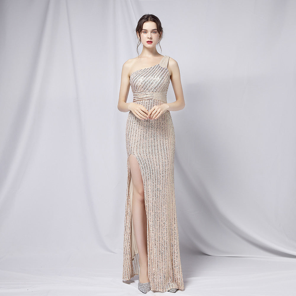 Summer Formal Sequin One-Shoulder Slit Evening Dress 8