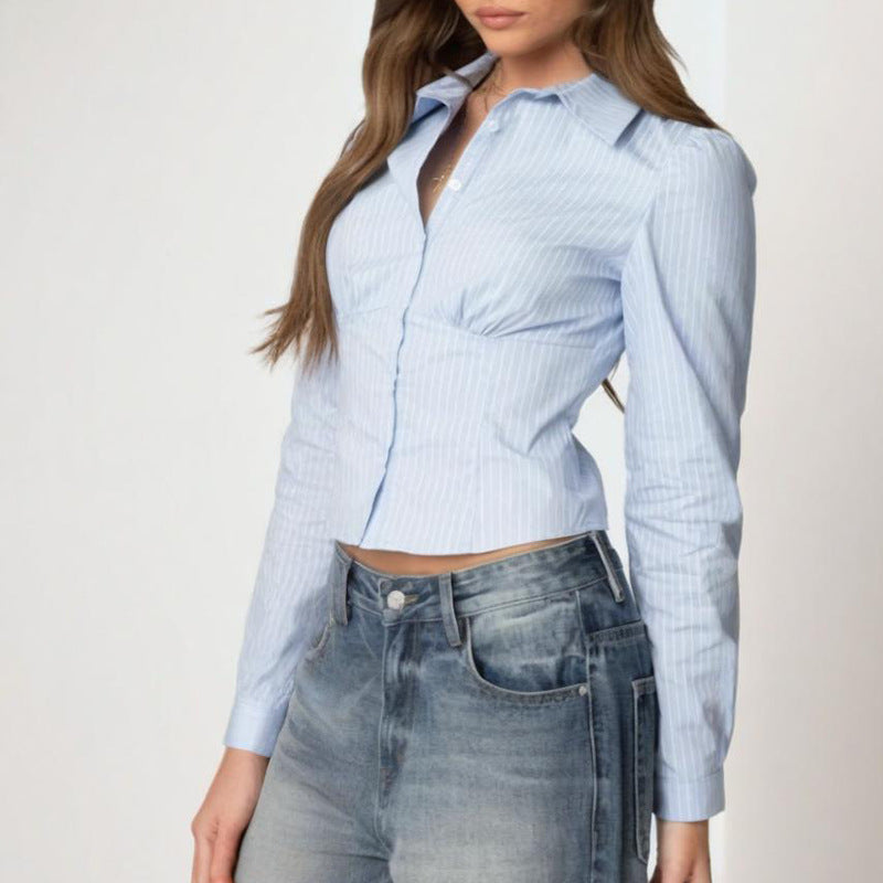 Women's Turndown Collar Shirt & Fishbone Slim Waist Top