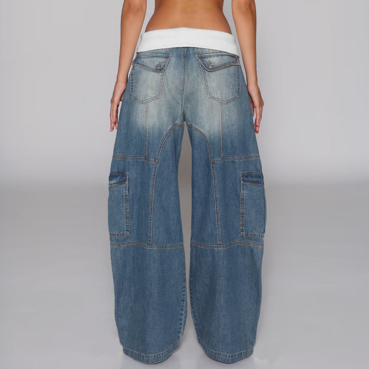 Women Fall/Winter Colorblock Waistband Denim Pants 3