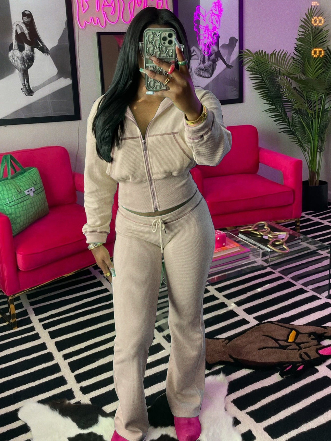 Women casual zipper long sleeve hoodies and pant two-piece set 5