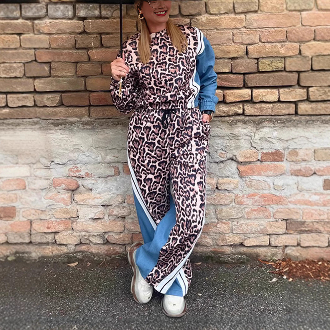 Women Spring and Autumn Leopard Print Striped Colorblock Top and Pants Two-Piece Set 4