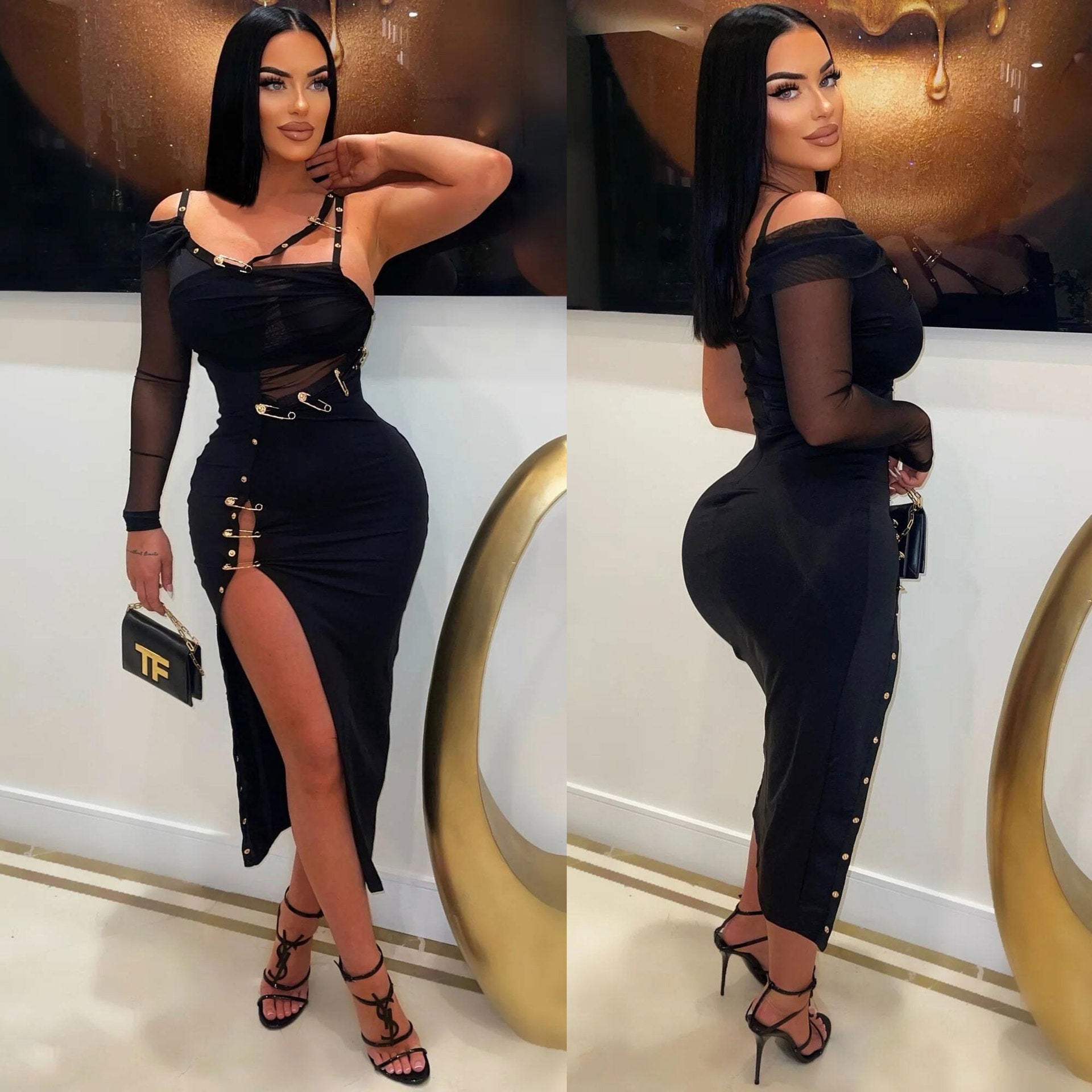 Sexy Solid Color Bodycon Mesh Off Shoulder Slit Hollow See-Through Pin Decoration Dress