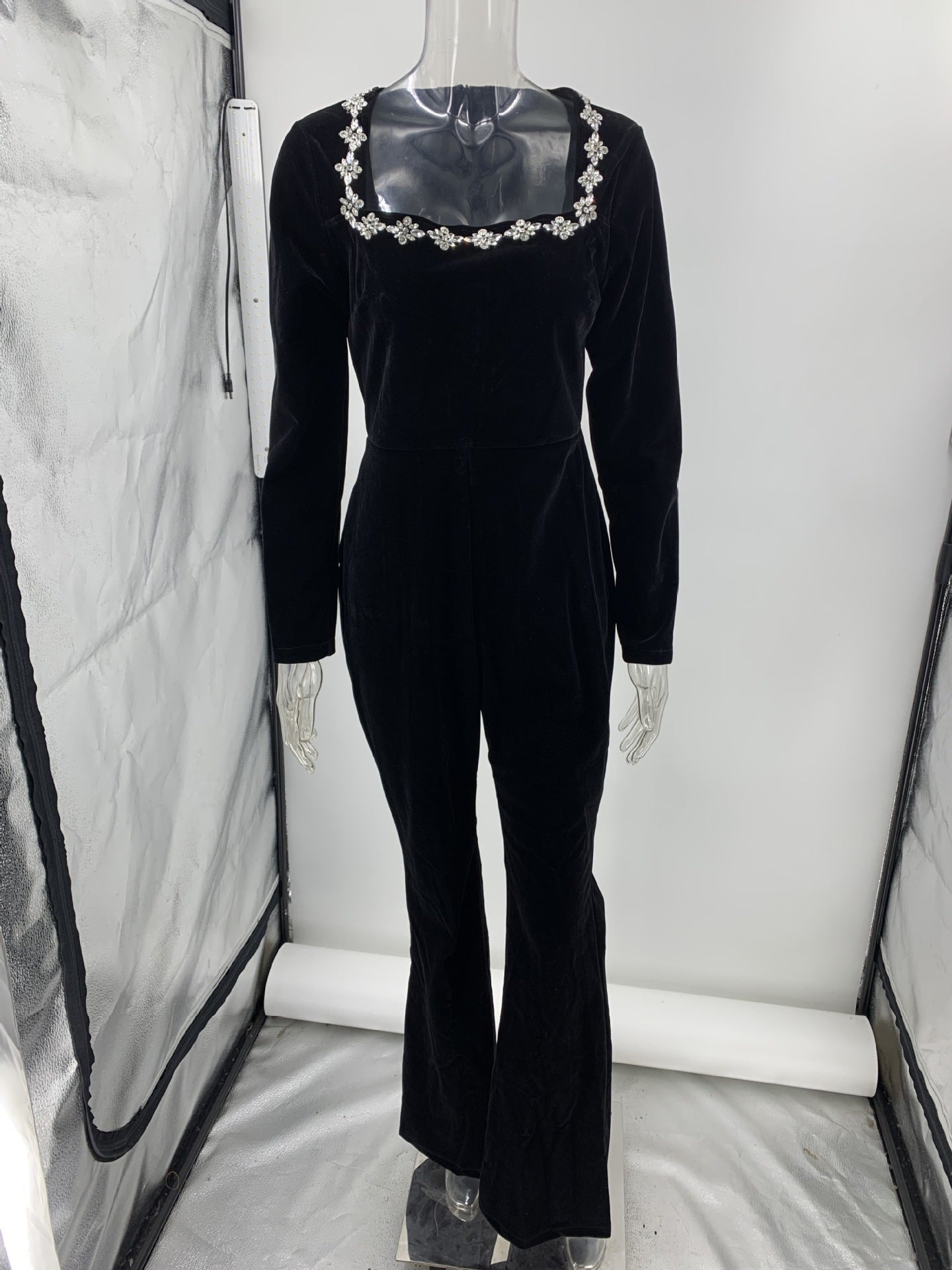 Diamond velvet square neck long sleeve high waist slim Bell Bottom Jumpsuit 7