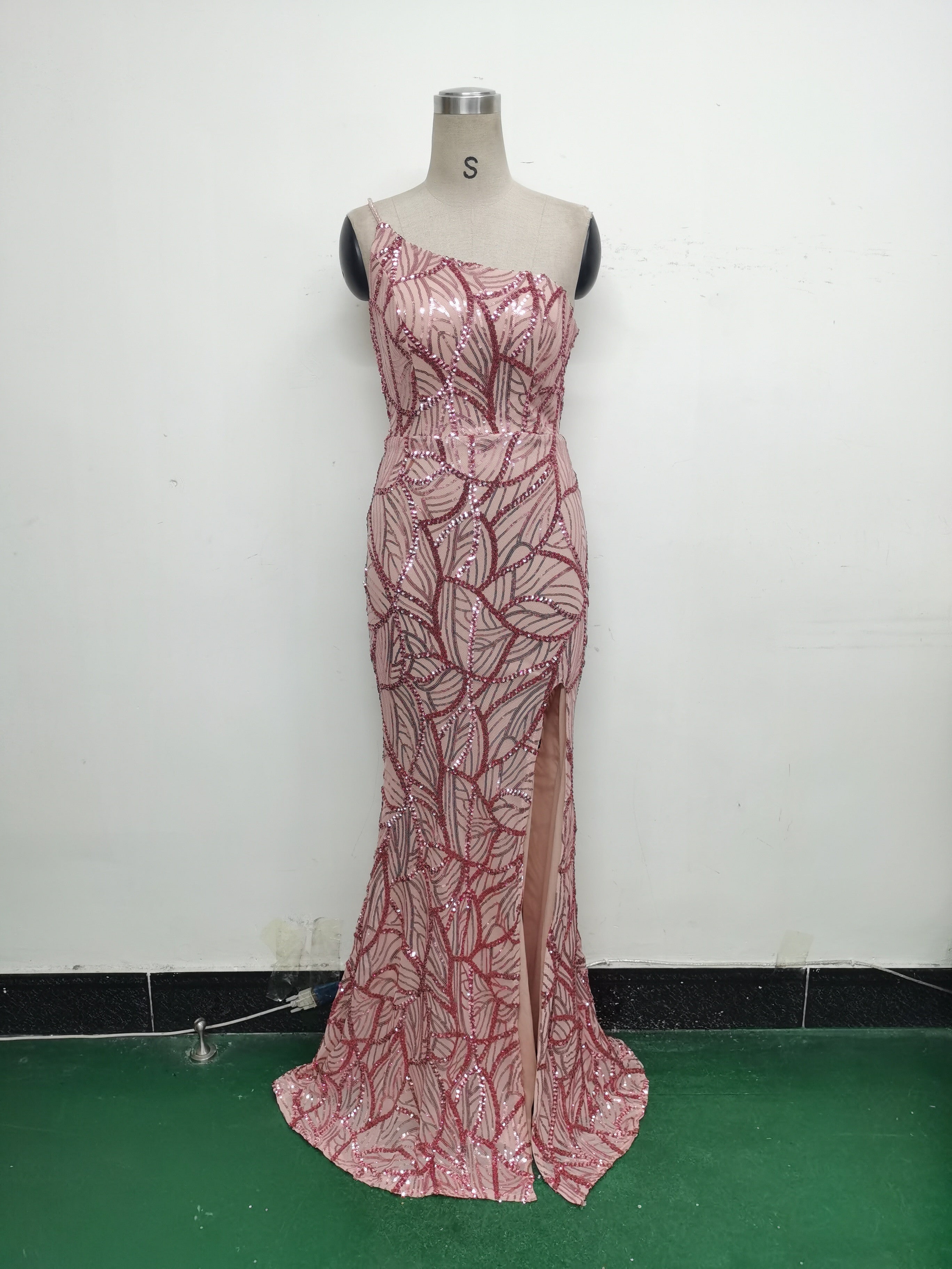 Women One Shoulder Beaded Geometric Sequin Formal Party Prom Wedding Evening Dress 43