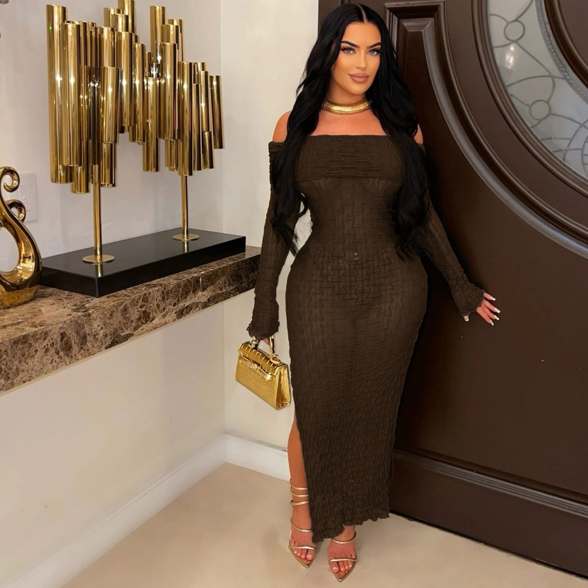 Summer Off Shoulder Slit Slim Sexy See-Through Dress With Underwear 4