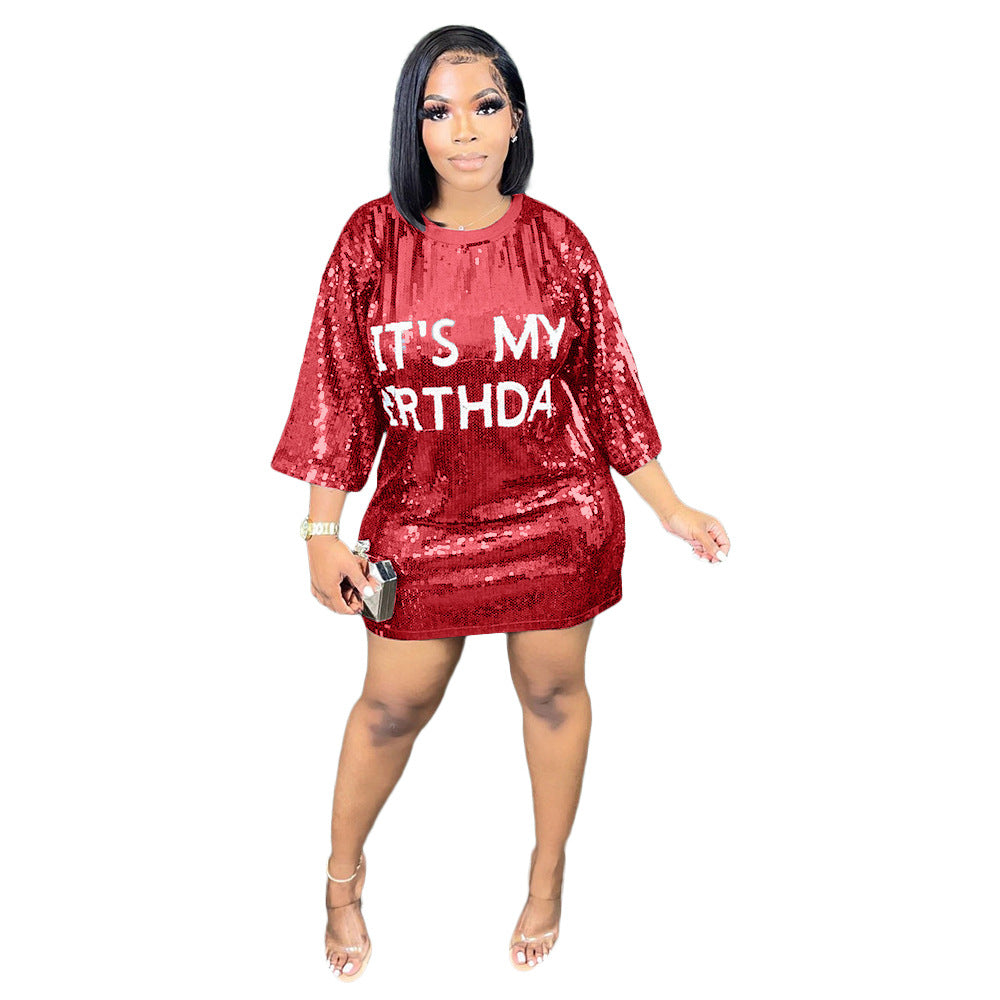 Women'S Spring Round Neck Loose Sequined Letter Casual Dress 3