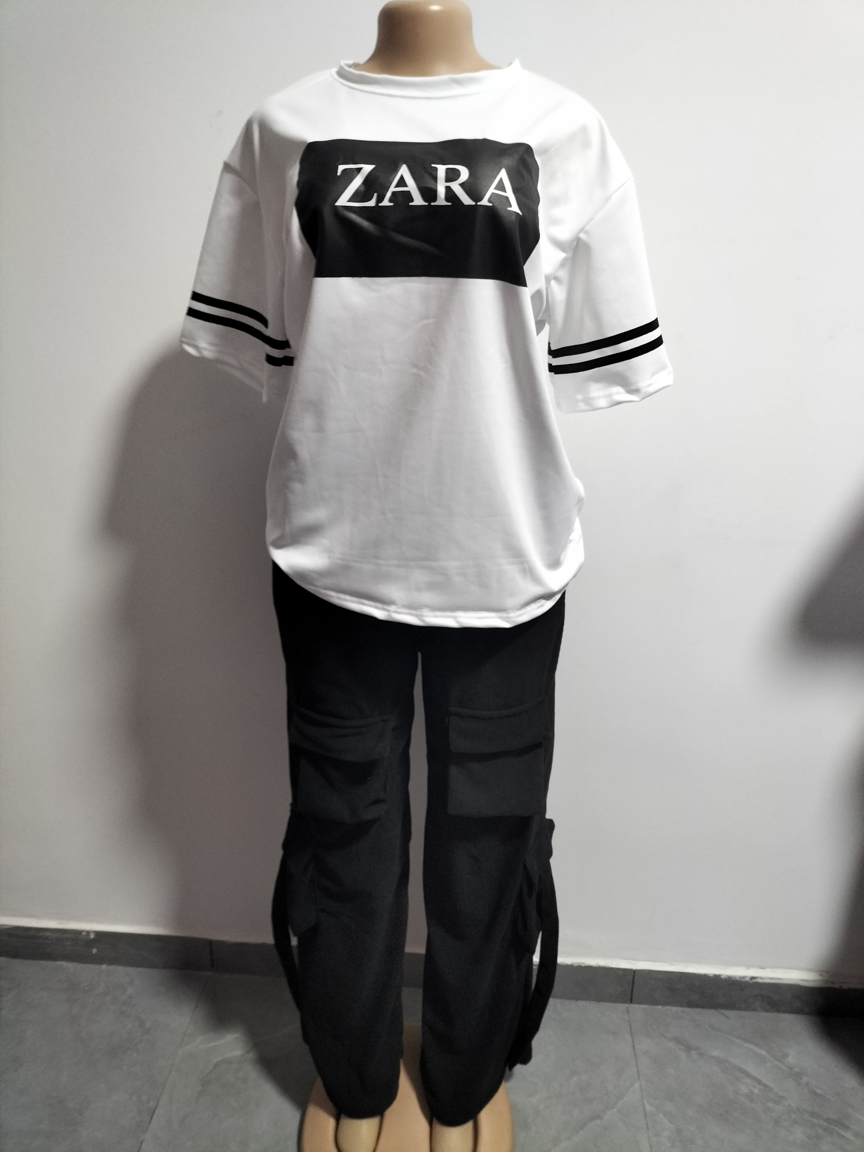 Women Casual Printed Short-sleeved Top and Cargo Pants Two-piece Set 9