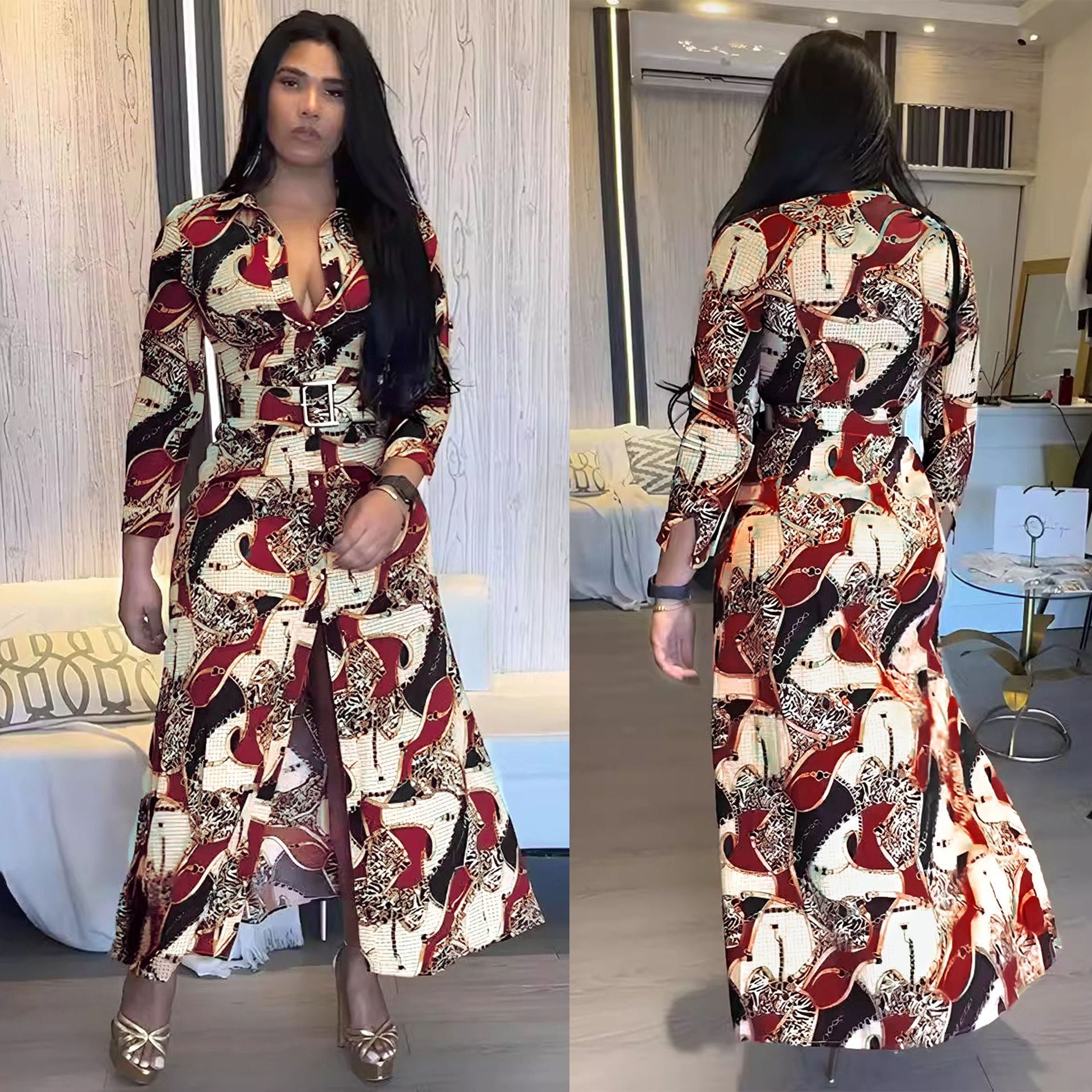 Women Printed Button-Style Side Slit Maxi Dress