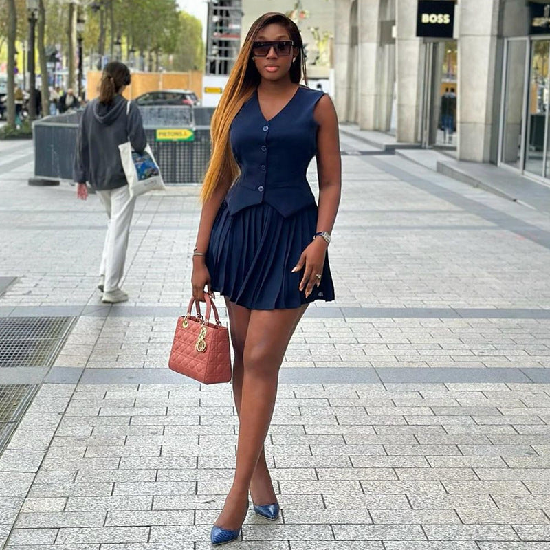 Women's Summer Solid Color V-Neck Sleeveless Vest Top Pleated Skirt Two-Piece Set 7