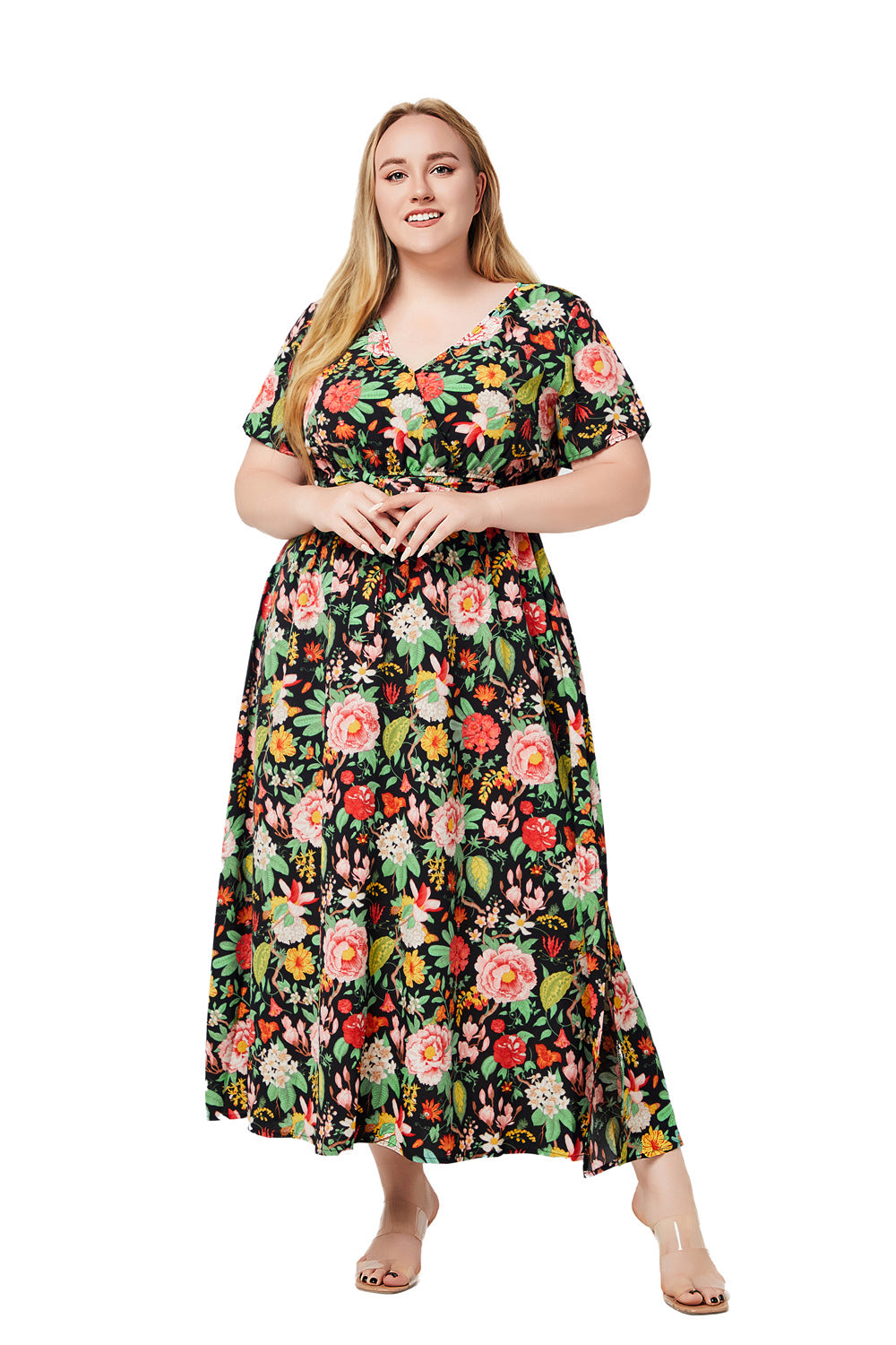 Plus Size Women Summer V Neck Short Sleeve Printed Bohemian Dress 6