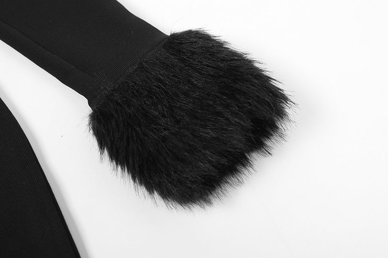 Women Solid Backless Furry Long Sleeve Bodycon Dress 13