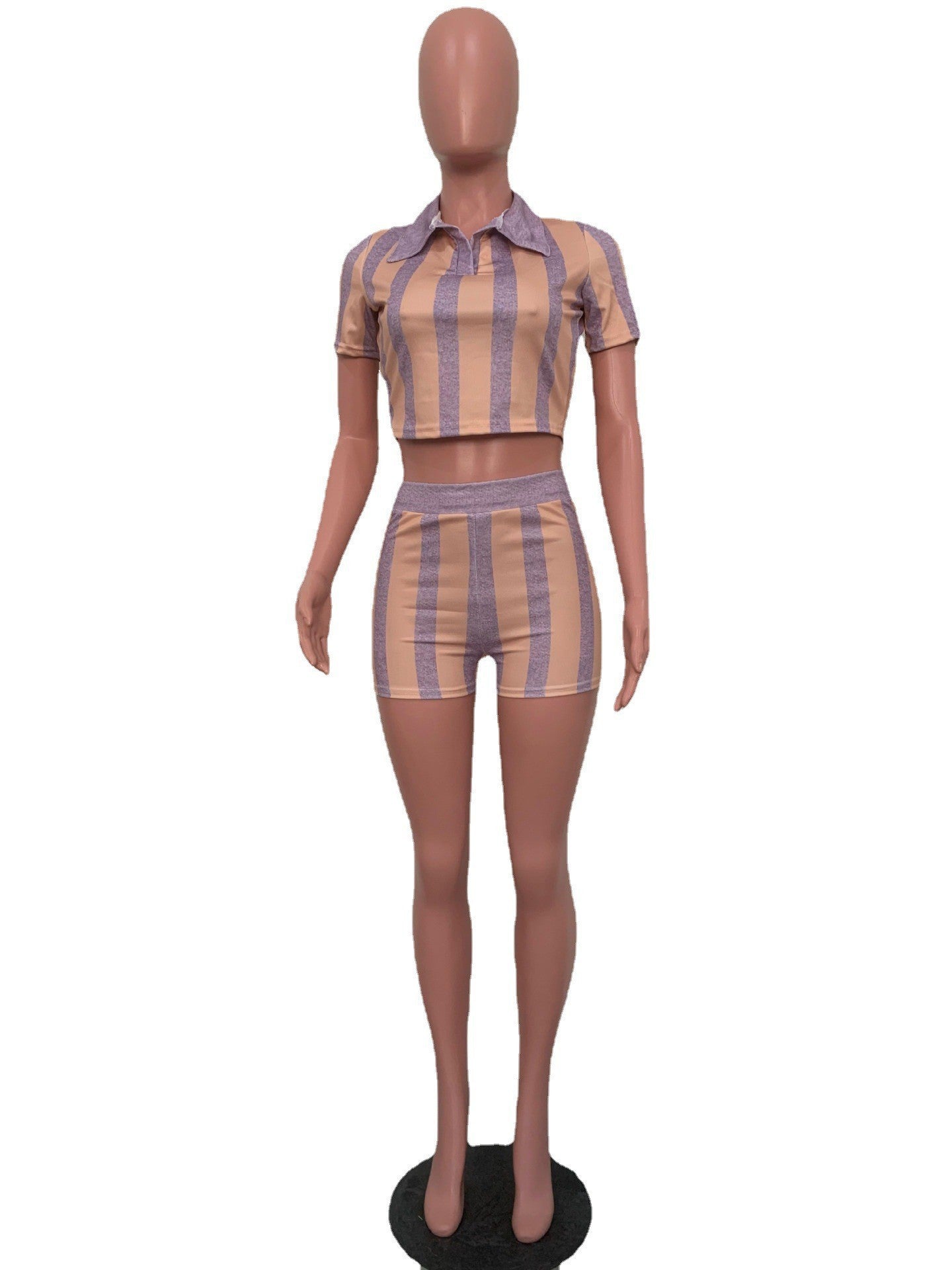 Women's Trendy Digital Ribbed Print Sexy Low Back Short Sleeve Two-Piece Set 13