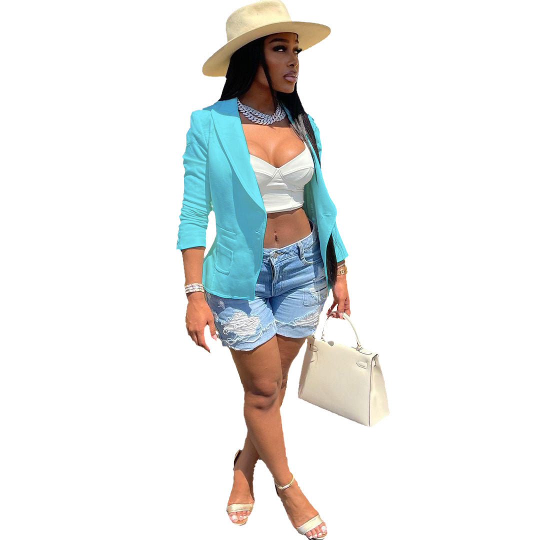 Women Solid Pocket Button Blazer 13