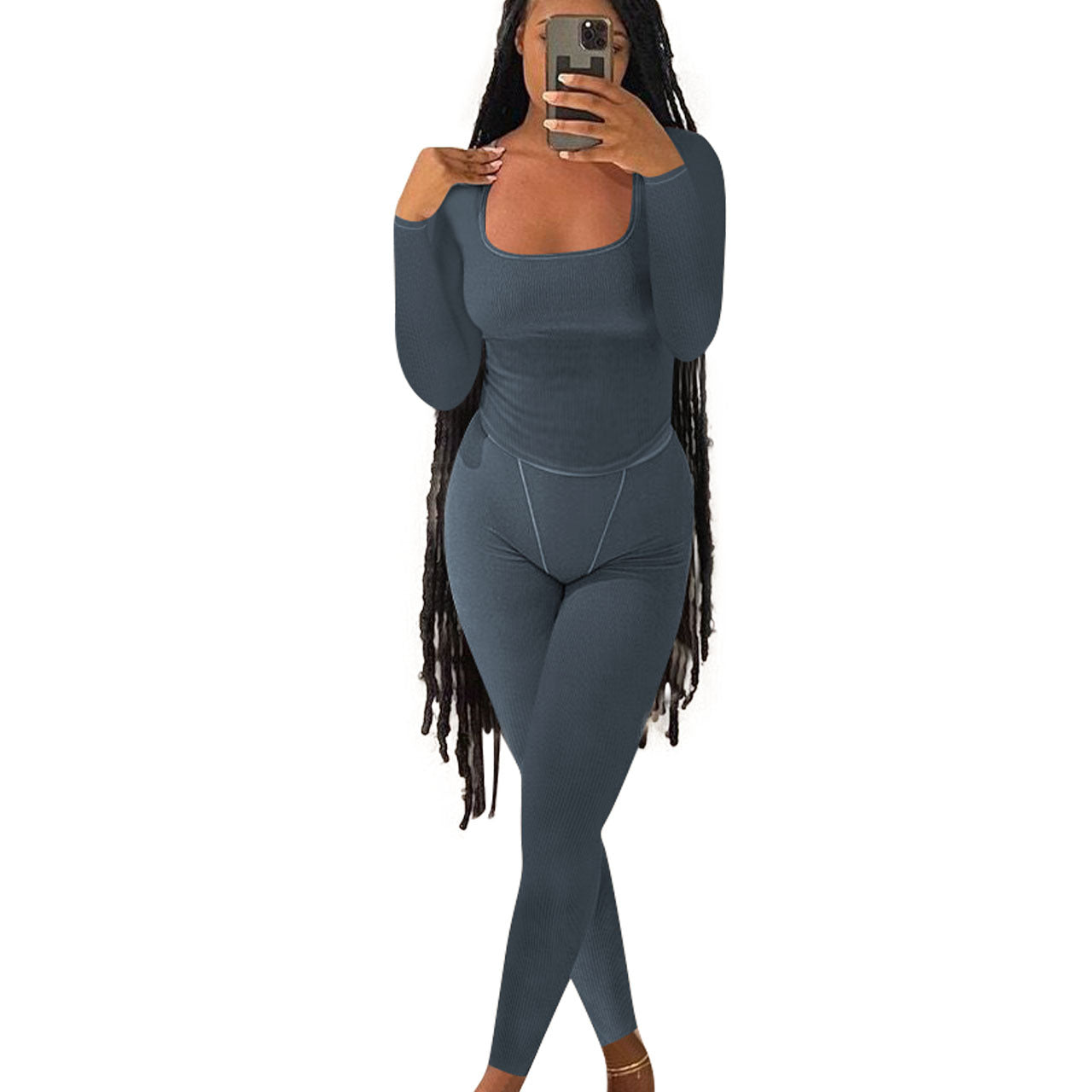 Women's Fashion Casual Ribbed Solid Color Slim Fit Two-Piece Pants Set 9