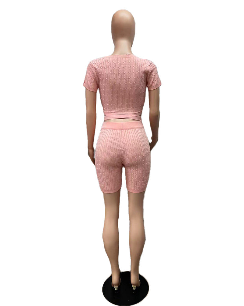 Women's Solid Color Lace-Up Tight Fitting Ribbed Sexy Two Piece Shorts Set 10