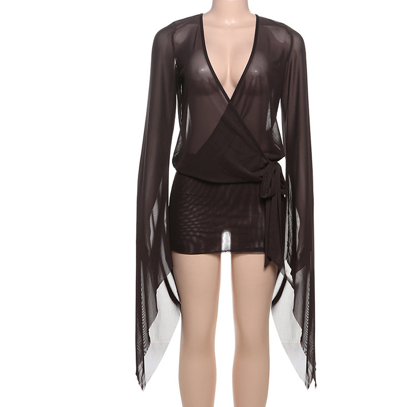 Spring Sexy Deep V See-Through Low Back Lace-Up Solid Mini Dress 8