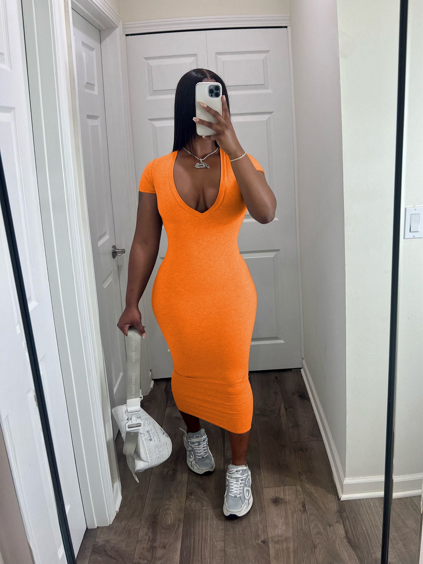 Fashion Solid Color Casual Fashion Sexy Deep V Ribbed Dress 4