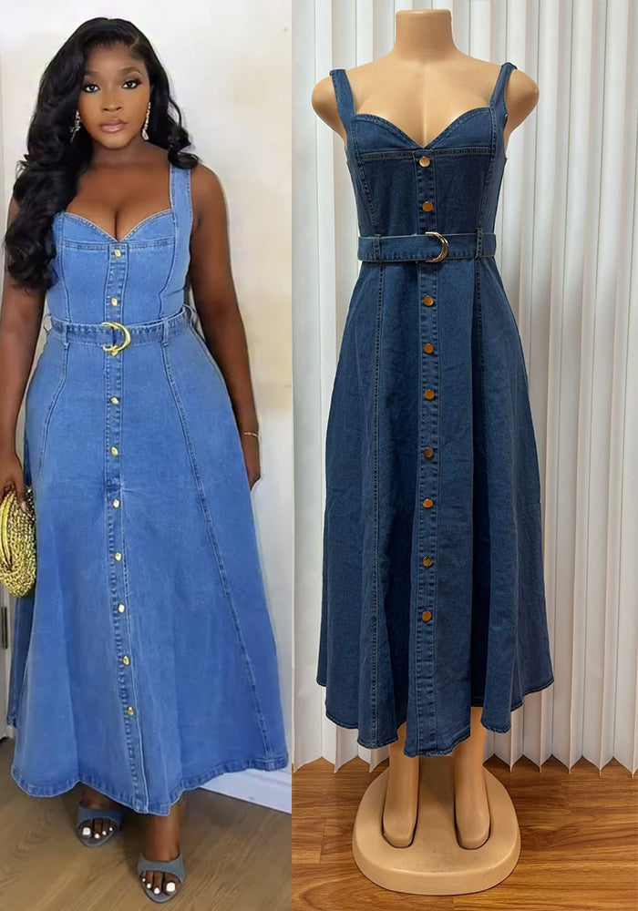 Women's Strap Casual Belted Button-Detailed Denim Maxi Dress