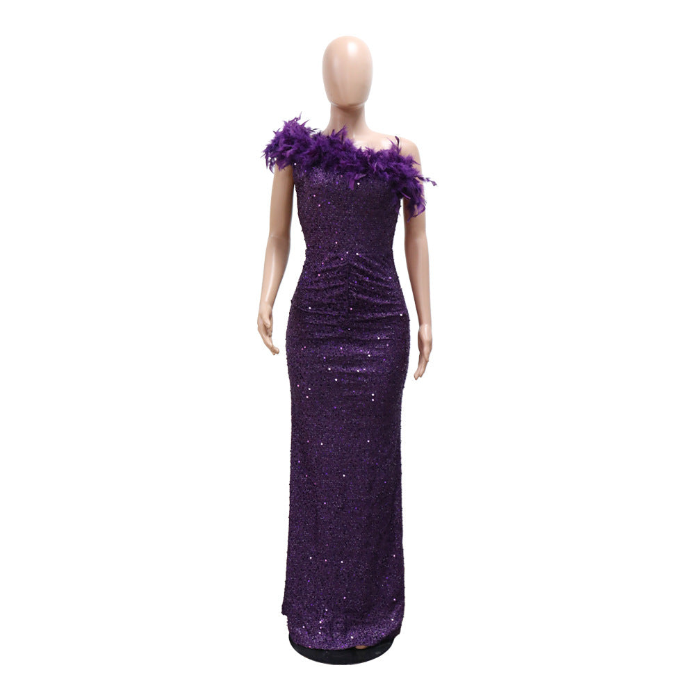 Women Solid Color Sequin Feather Patchwork Long Sexy Dress 5