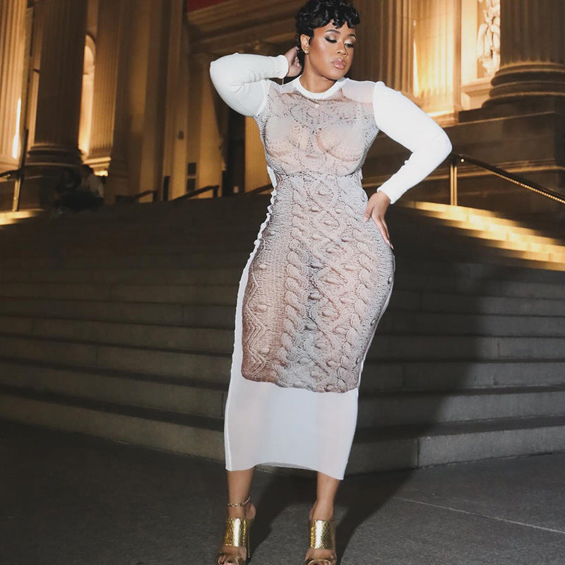 Autumn street sexy mesh See-Through slim dress 3