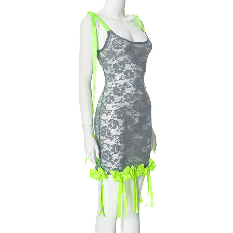 Women sexy See-Through hollow jacquard Lace tie dress 10