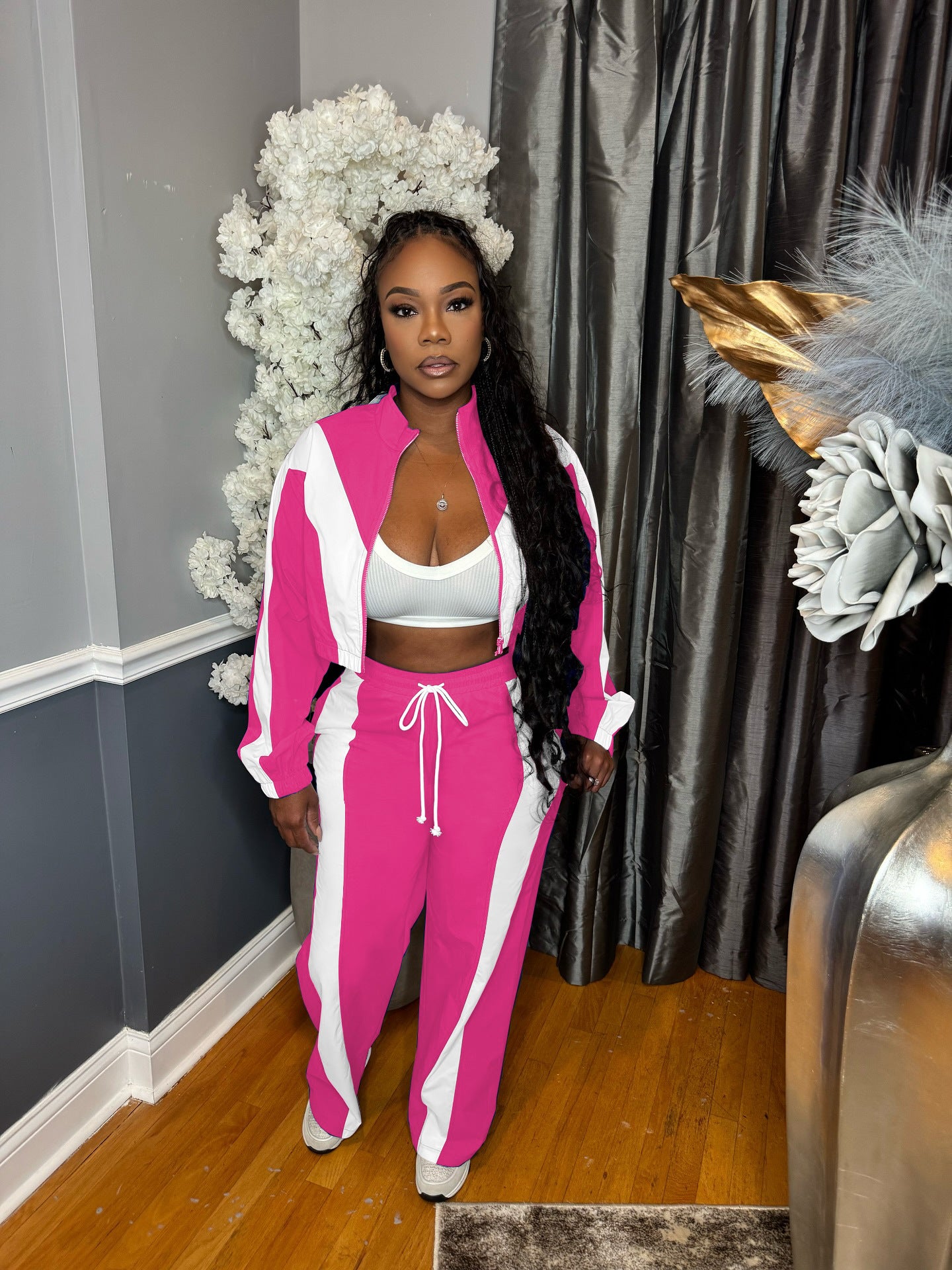 Women double stripe contrasting sport casual two-piece suit