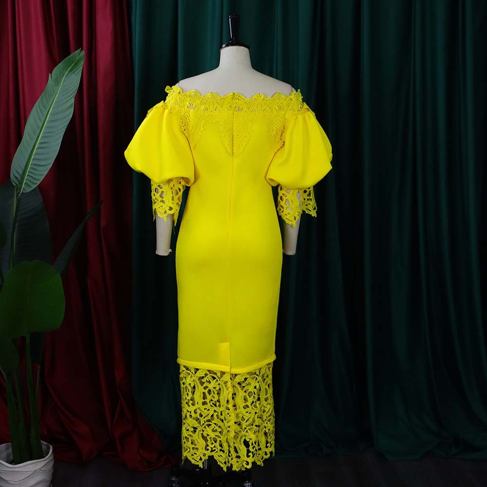 Off Shoulder Off Shoulder Bodycon Lace Patchwork Balloon Sleeve Gown Dress 27