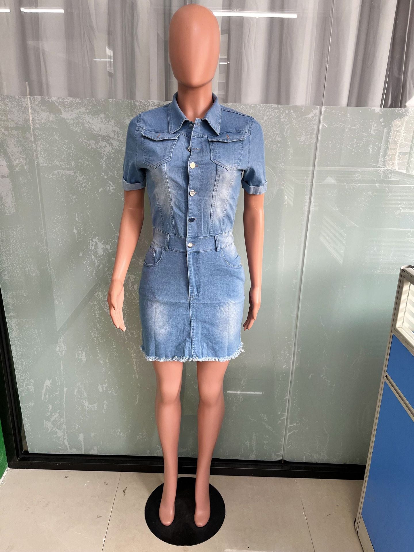 Sexy Turndown Collar Short Sleeve Button Up Fit Denim Dress 8