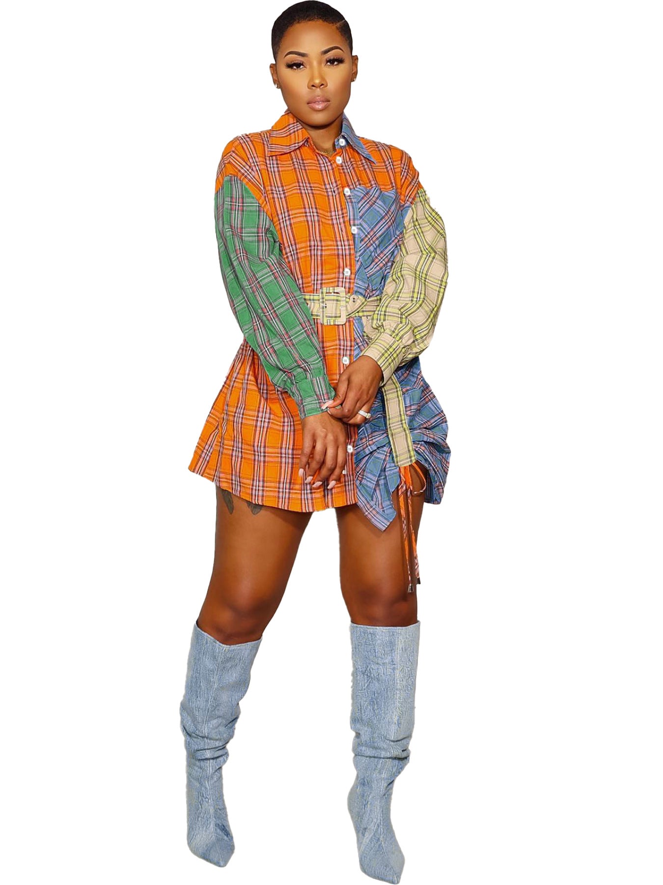 Women Contrast Plaid Shirt and Dress