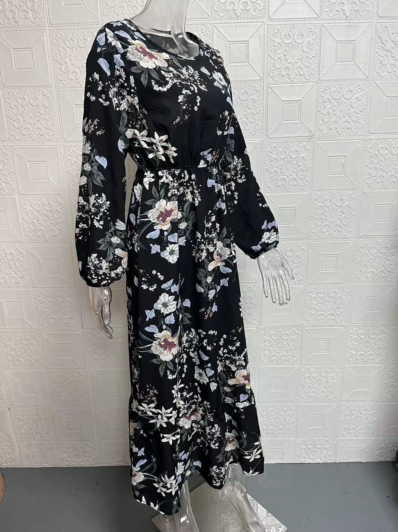 Women Long Sleeve Printed Round Neck Floral Dress 12