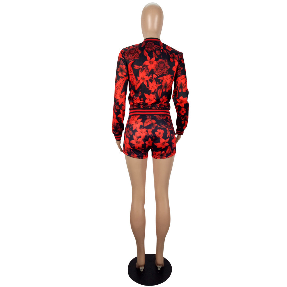 Women Autumn and Winter Style Print Long Sleeve Top And Shorts Two Piece Set 12
