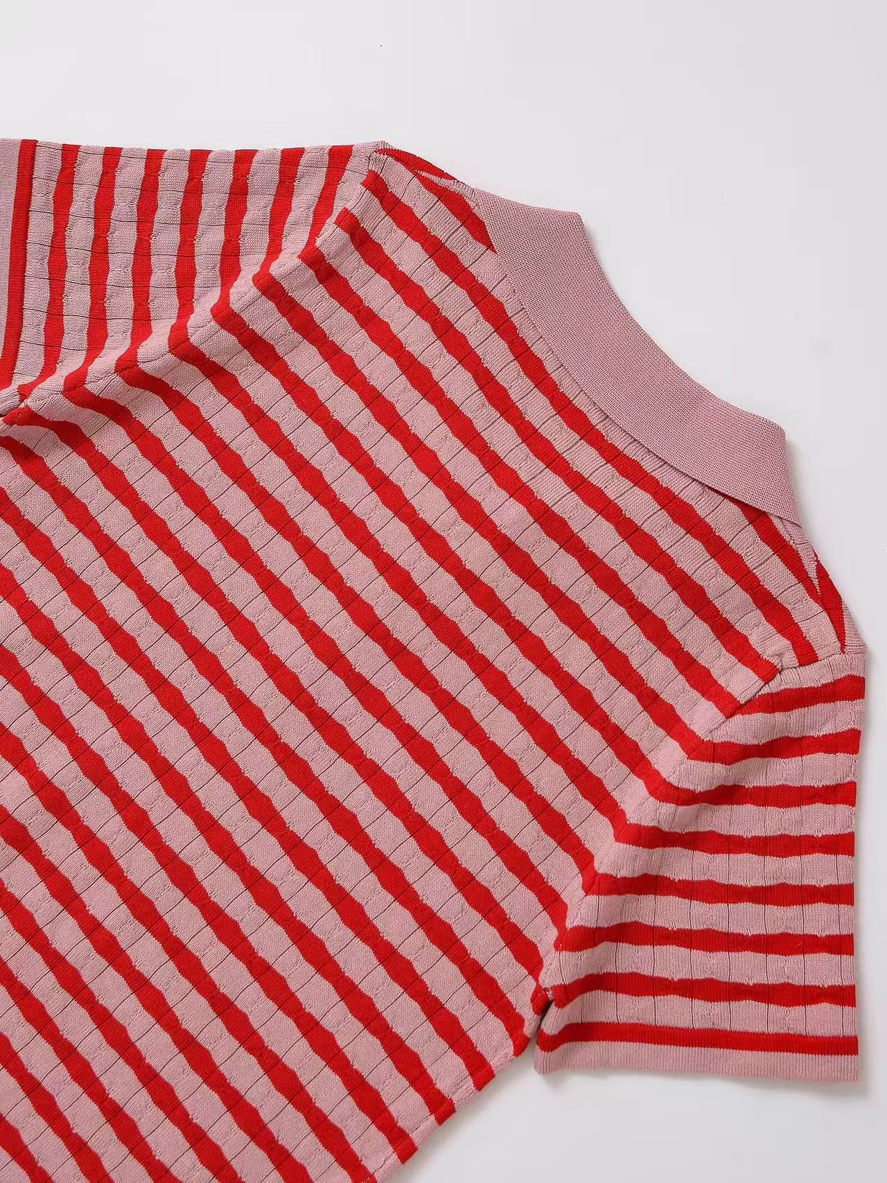 Fashion Turndown Collar Shirt & Striped Bell-Bottom Pants Summer Knit Set 23