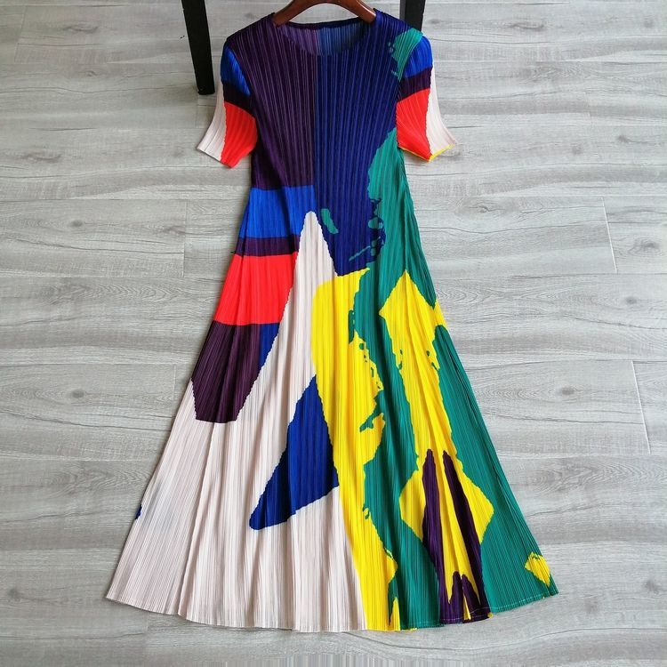 Women Summer Contrast Color Pleated Short Sleeve Dress 3