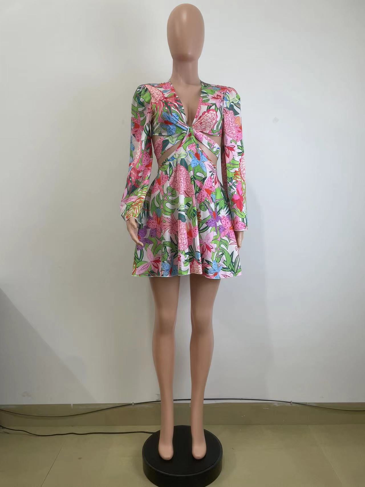 Women's Spring Summer Floral Deep V Bell Bottom Sleeve Tied Crop Top Short Skirt Two-Piece Set 16