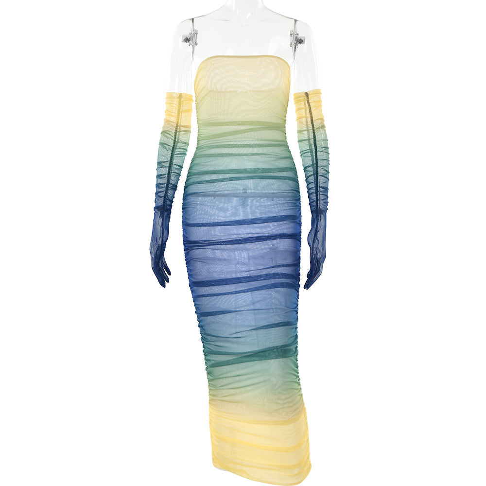 Women Mesh Gradient Off Shoulder Strapless Backless Dress 7