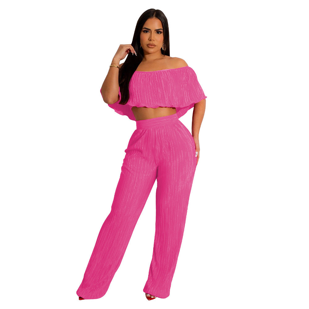 Women's Pleated Ruffle Off Shoulder crop top Wide Leg Pants two piece Set 14