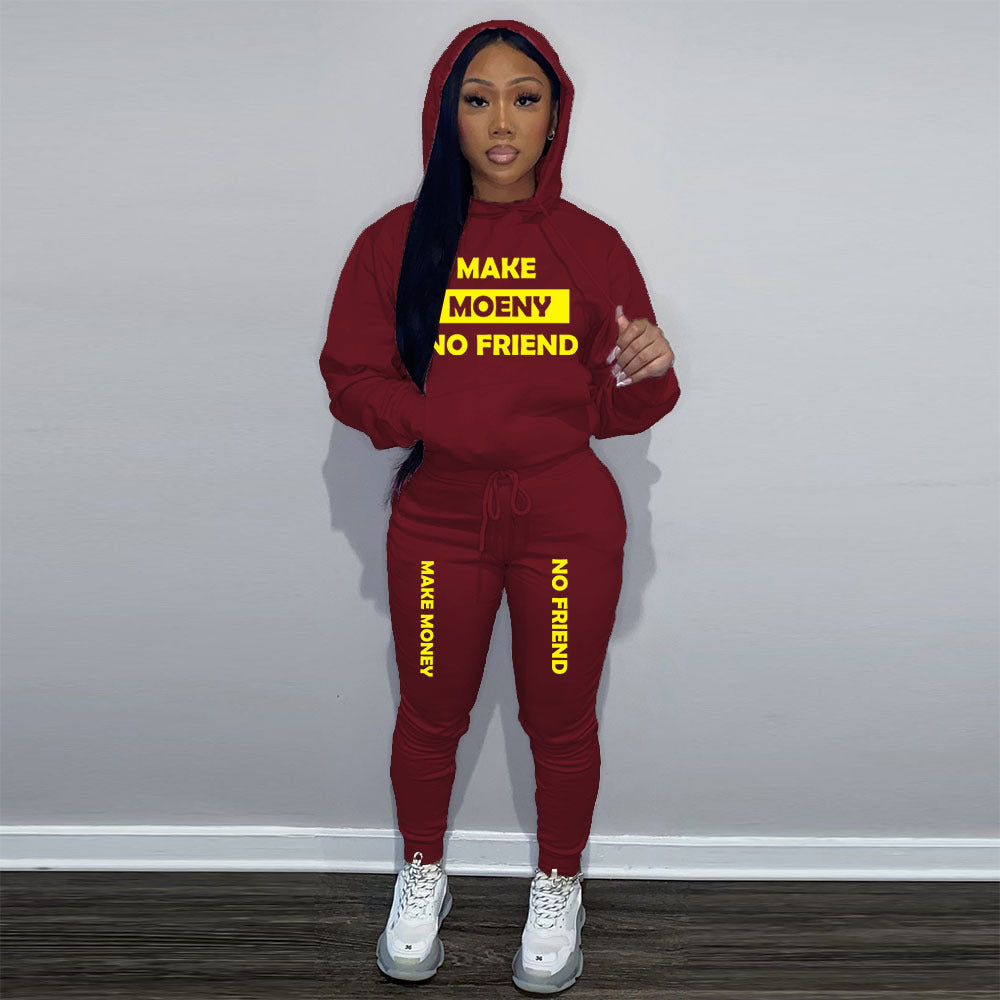 Women Casual Printed Sports Plush Hoodies and Pant Two-piece Set 14