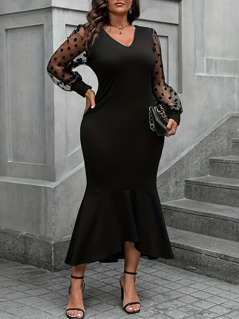 Plus Size Women v-neck sexy Bodycon lace Patchwork fishtail skirt 5