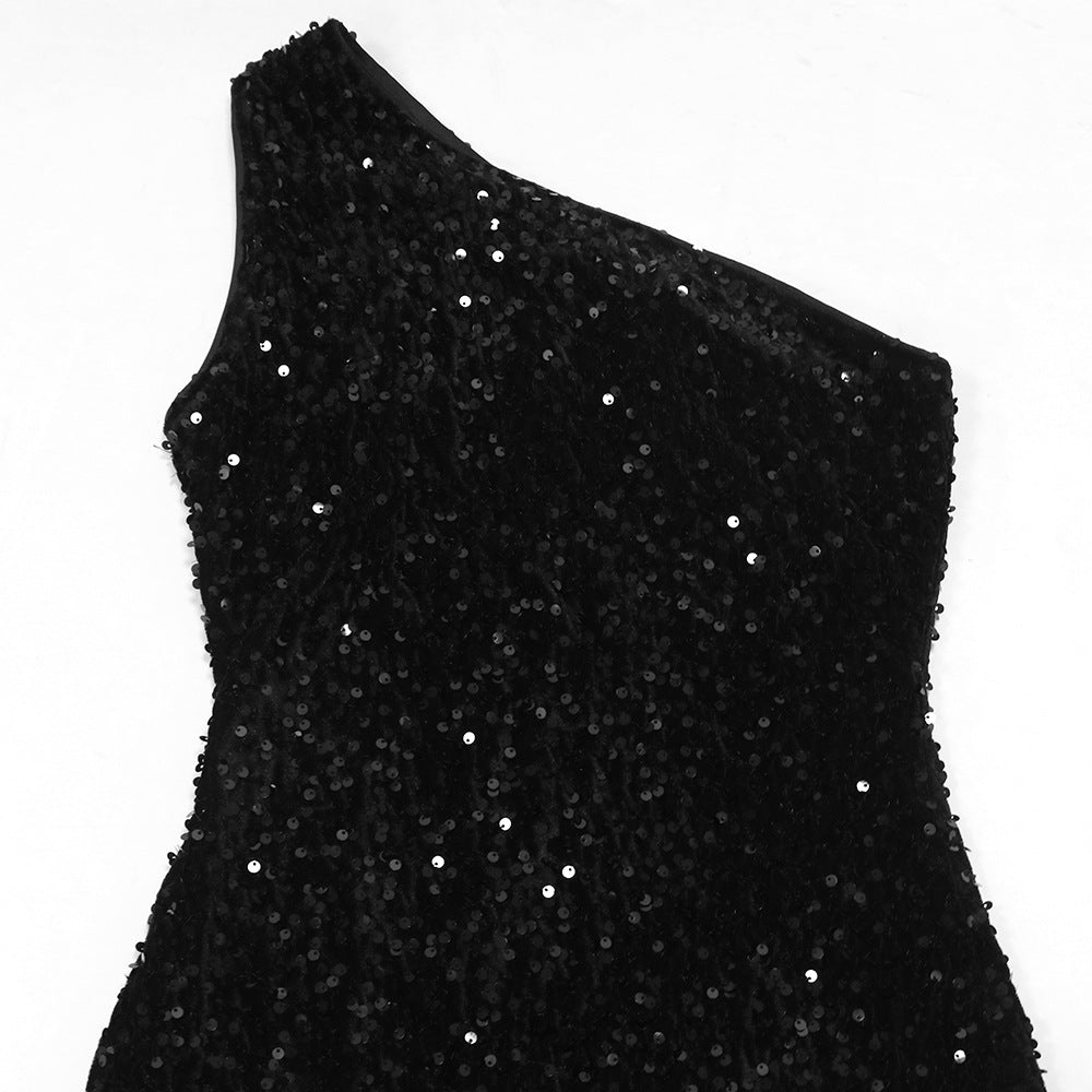 Fashion Slash Shoulder Feather Sequin Slit Club Dress 15