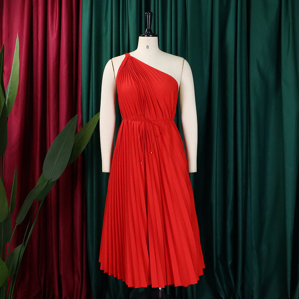 Women Summer Solid Slash Shoulder Lace-Up Loose Pleated Dress 31