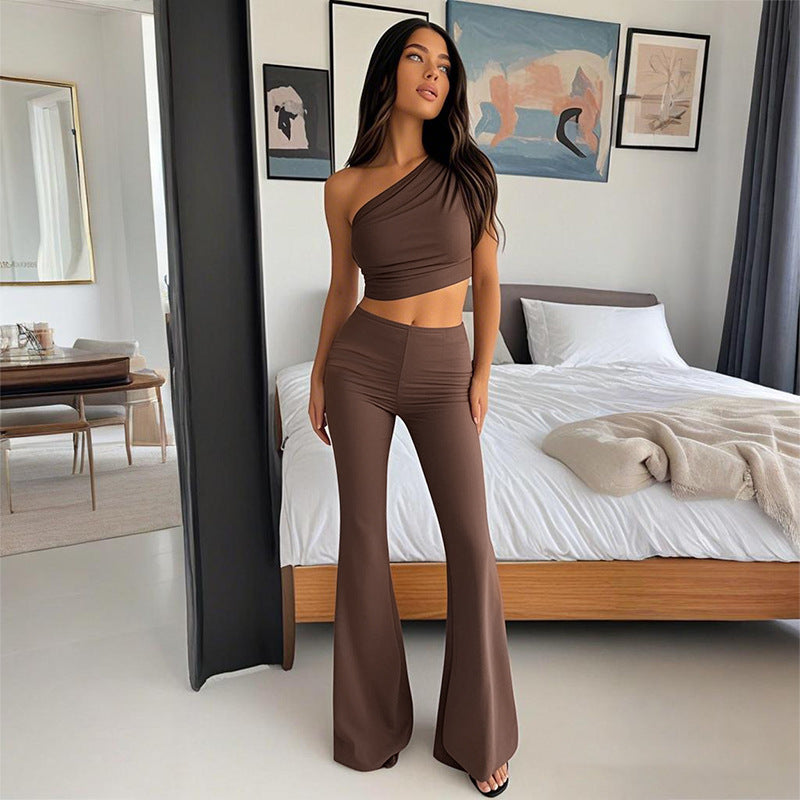 Women Casual Solid One Shoulder Crop Top and Pants Two-piece Set