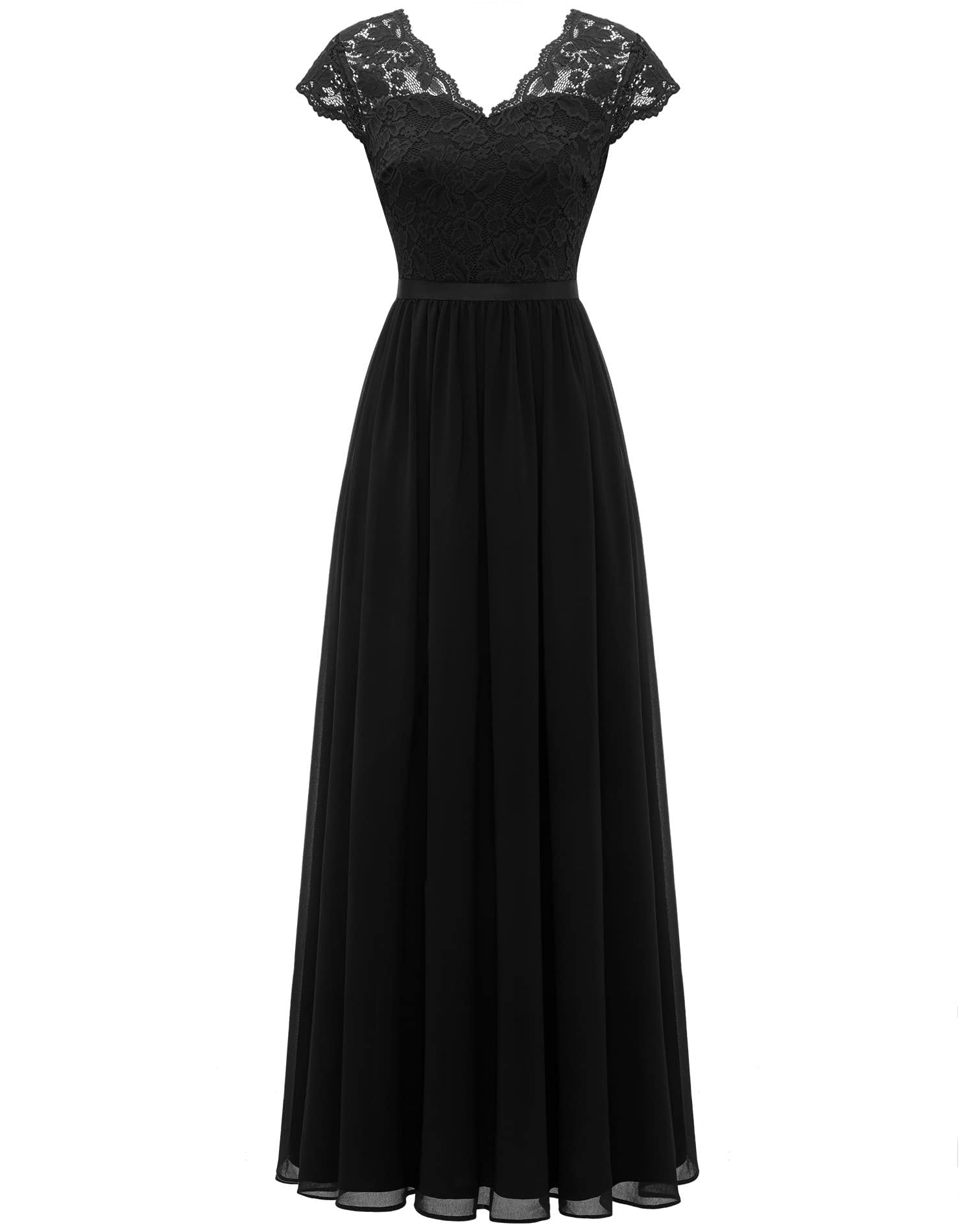 Lace Trim Patchwork Chiffon Slim Waist Maxi Dress 19