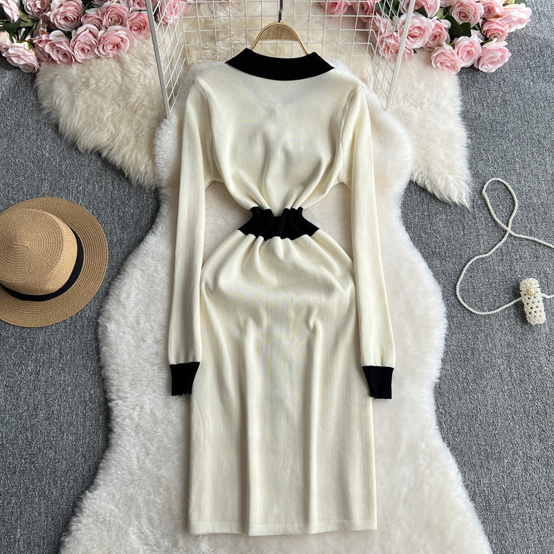 Women contrasting long-sleeved Knitting dress 7