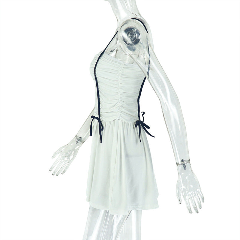 Women Style pleated Patchwork suspender Off Shoulder Backless dress 6