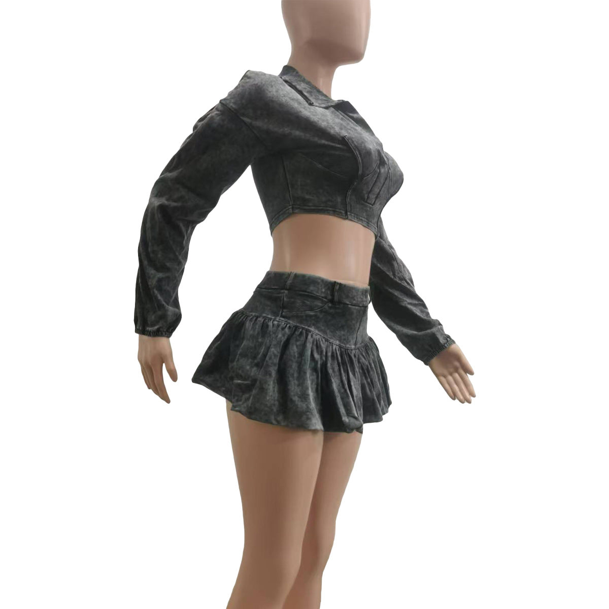 Fashionable women's clothing solid color distressed long sleeve top short skirt two piece set  (with underwear) 9