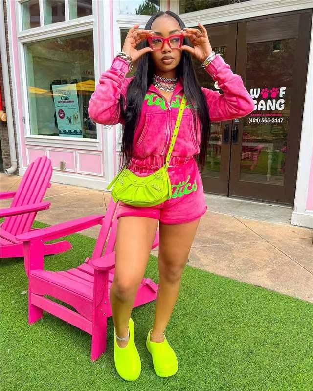 Women Letter Embroidery Long Sleeve Top and Shorts Two-Piece Set 9